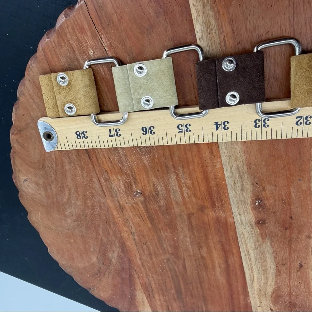 Vintage Suede Leather Hippie Boho Chic Belt Square Links Snaps Rivets fits 34-38